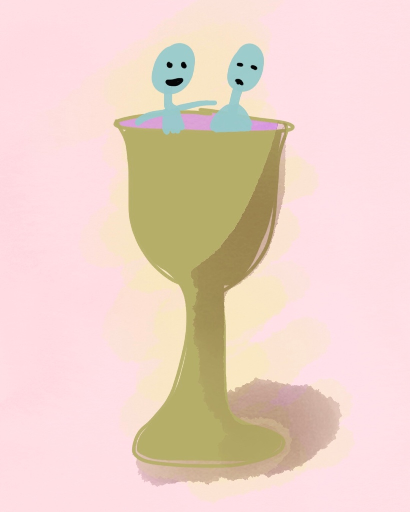 An illustration of two blue dudes chilling out in a giant gold goblet hot-tub style.